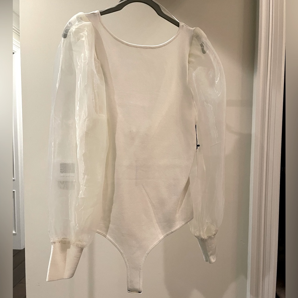 ASTR Cream Chiffon Puff Sleeve Low Back Bodysuit XL NWT